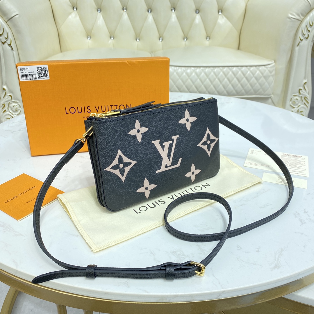 Louis Vuitton DOUBLE ZIP POCHETTE Handbag Monogram Empreinte M80787 Black/Beige